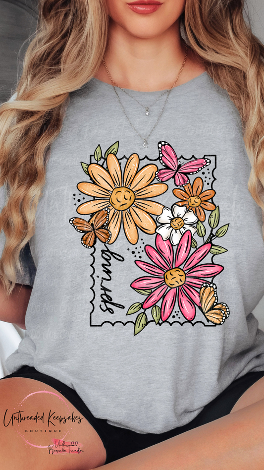 Spring Flowers Stamp Style Cute Womens Graphic T-Shirt