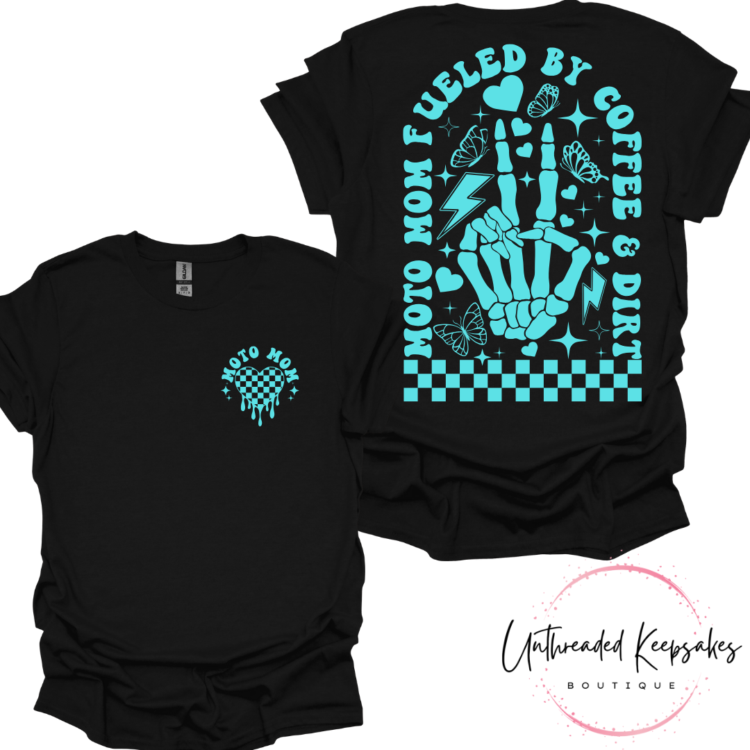 Moto Mom Fueled by Coffee and Dirt Peace Fingers Graphic T-Shirt