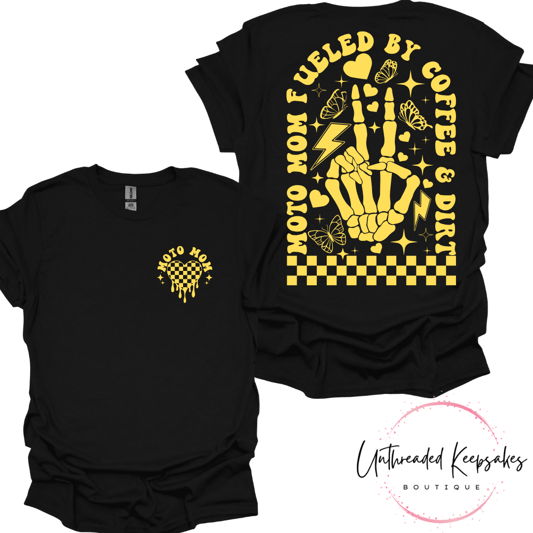 Moto Mom Fueled by Coffee and Dirt Peace Fingers Graphic T-Shirt