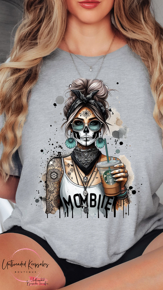 Mombie Women With Bun Tattoos and Coffee Graphic T-Shirt
