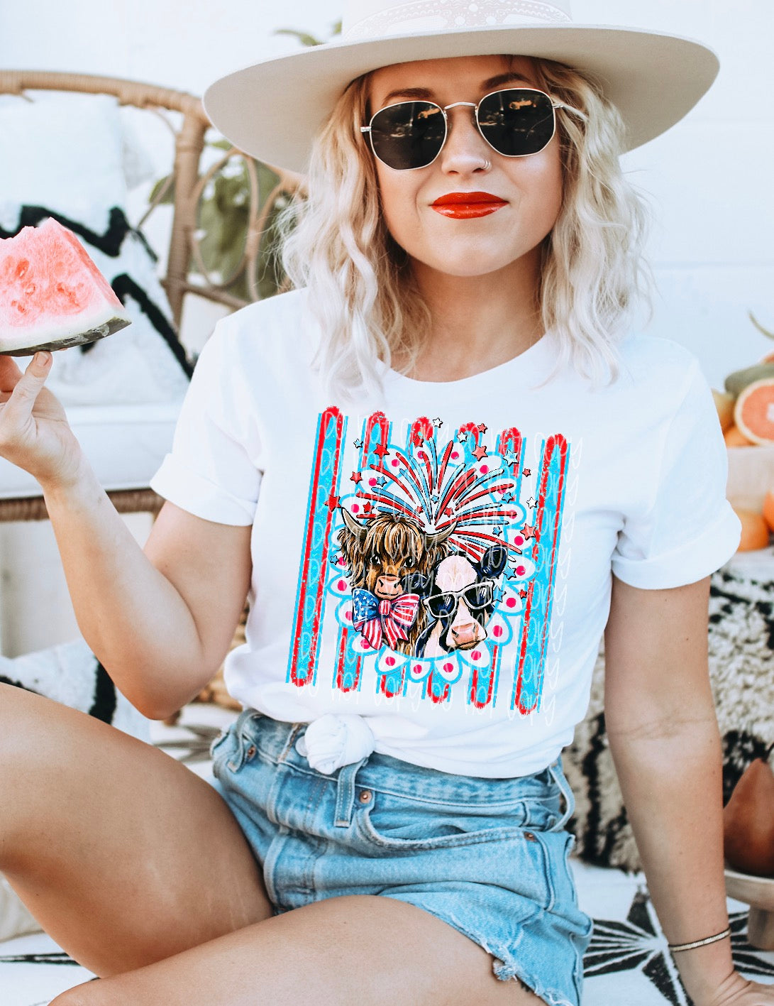 Proud to Be an American Patriotic Cow Graphic T-Shirt | Highland & Farm Cow USA Tee | Red, White & Blue Fourth of July Unisex Shirt