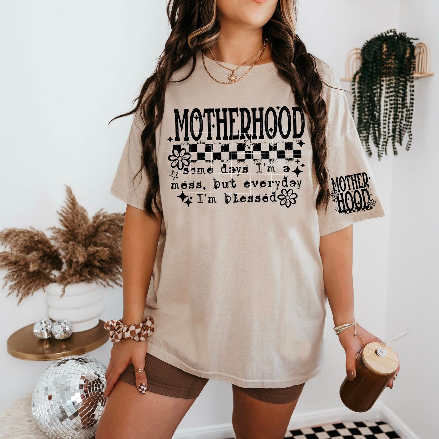 Motherhood T-Shirt – Blessed Mess Checkered Floral Graphic Tee