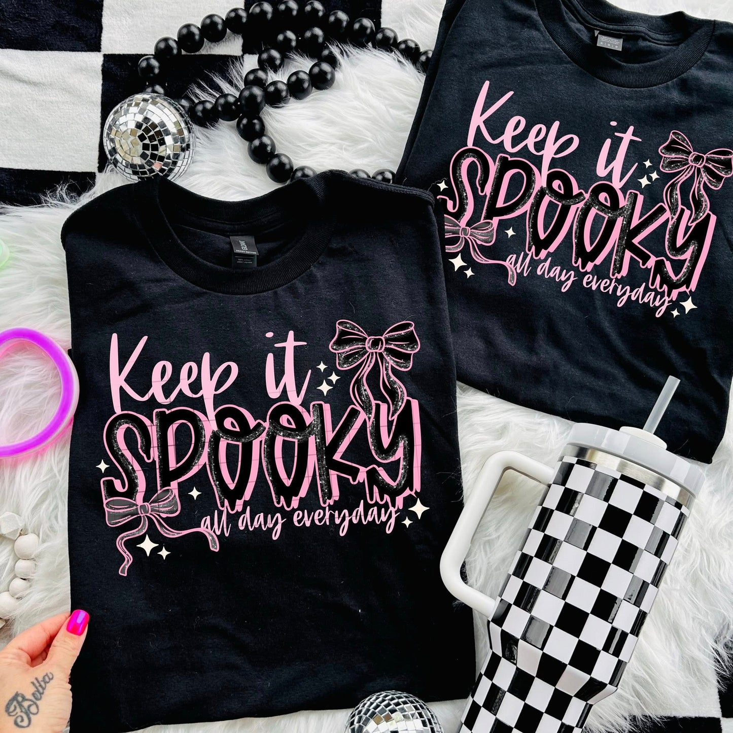 Keep It Spooky All Day Everyday – Pink Gothic Bow Graphic Tee