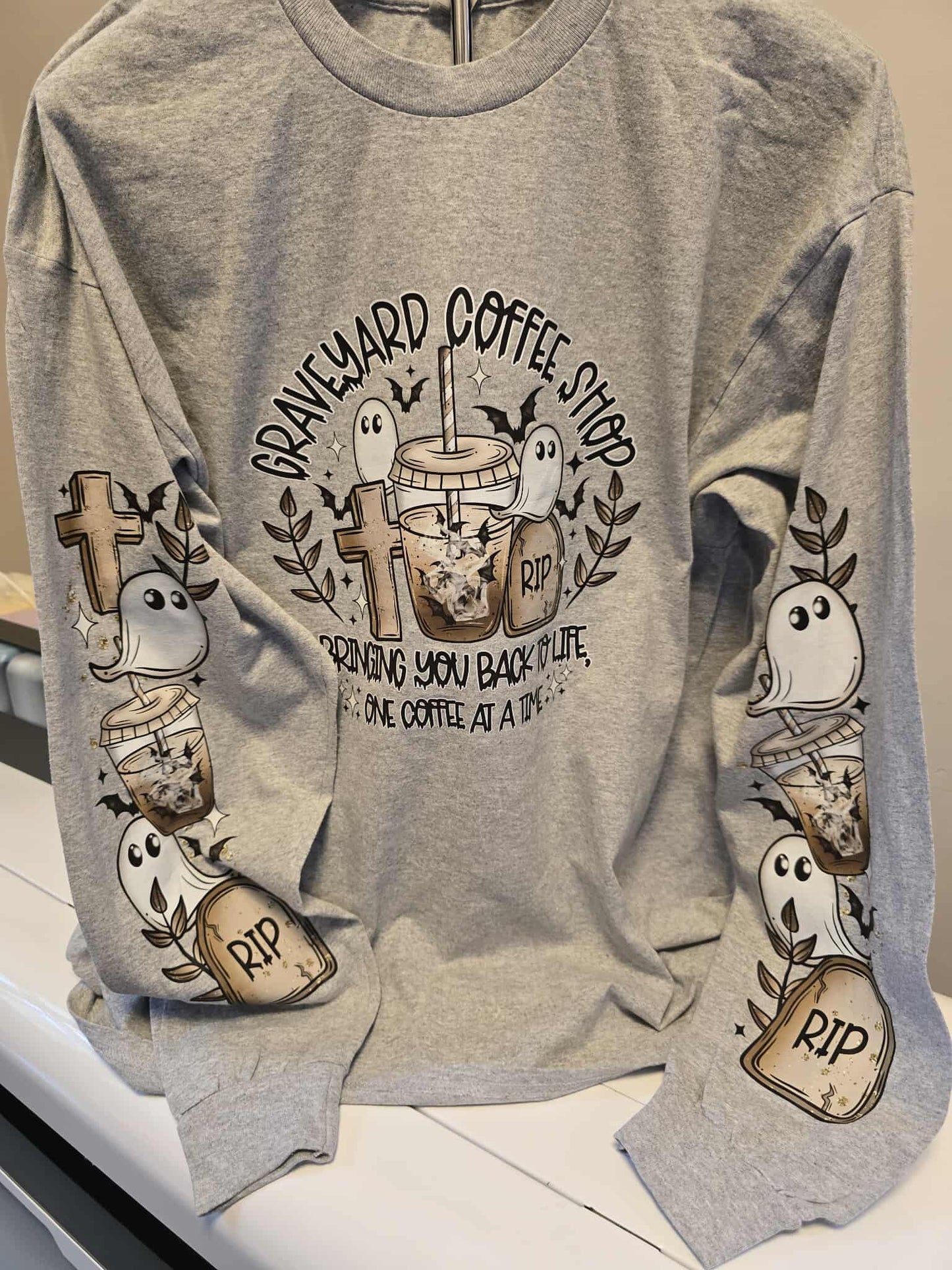 👻 Graveyard Coffee Shop Long Sleeve Shirt – XL – Spooky Caffeine Graphic