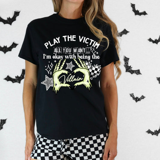 π·οΈ "Villain Era" Halloween Skeleton Hands Shirt β Play the Victim Graphic Tee