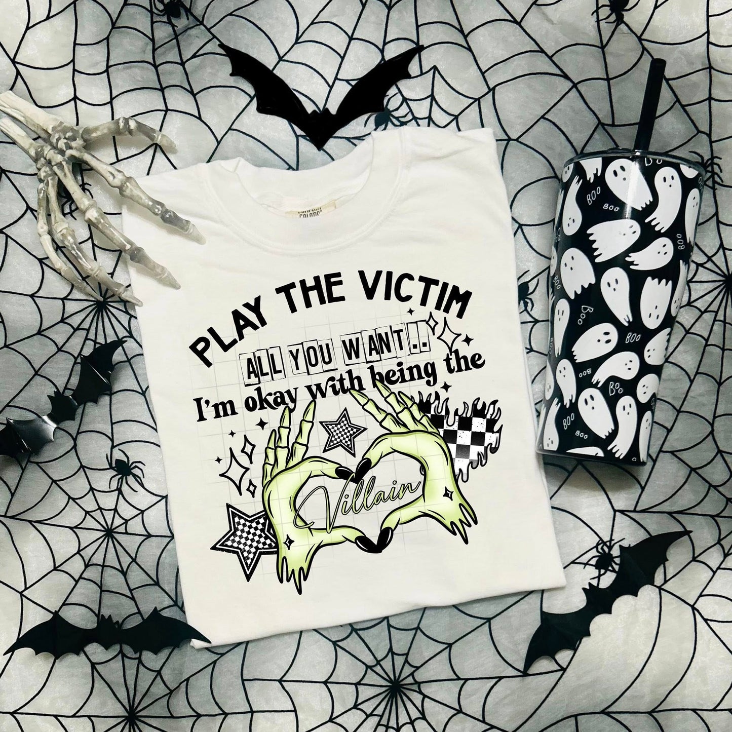 π·οΈ "Villain Era" Halloween Skeleton Hands Shirt β Play the Victim Graphic Tee