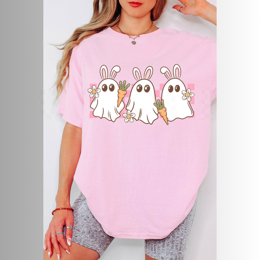 Easter Ghosts Flowers and Carrot Bunny Ears Cute Womens Graphic T-Shirt