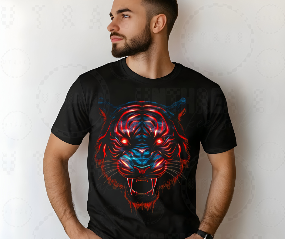 Red Inferno Tiger Head Tee – Neon Fiery Big Cat Graphic Shirt