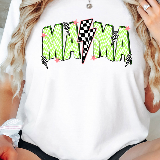 Mama Green Checkered Bolt Cute Womens Graphic T-Shirt