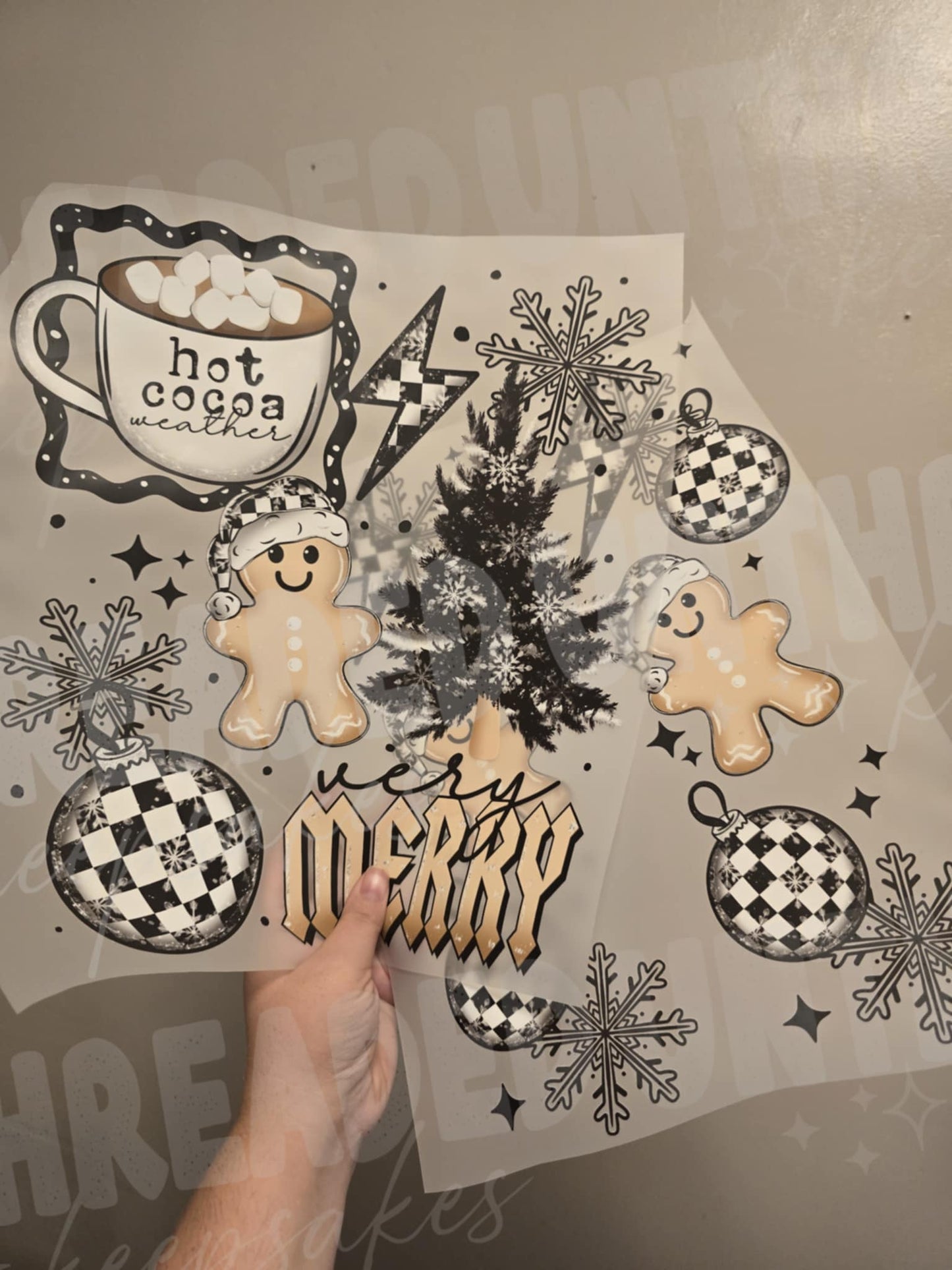 Very Merry Holiday DTF Transfer Gingerbread with Sleves , Hot Cocoa, Ornaments & Snowflakes