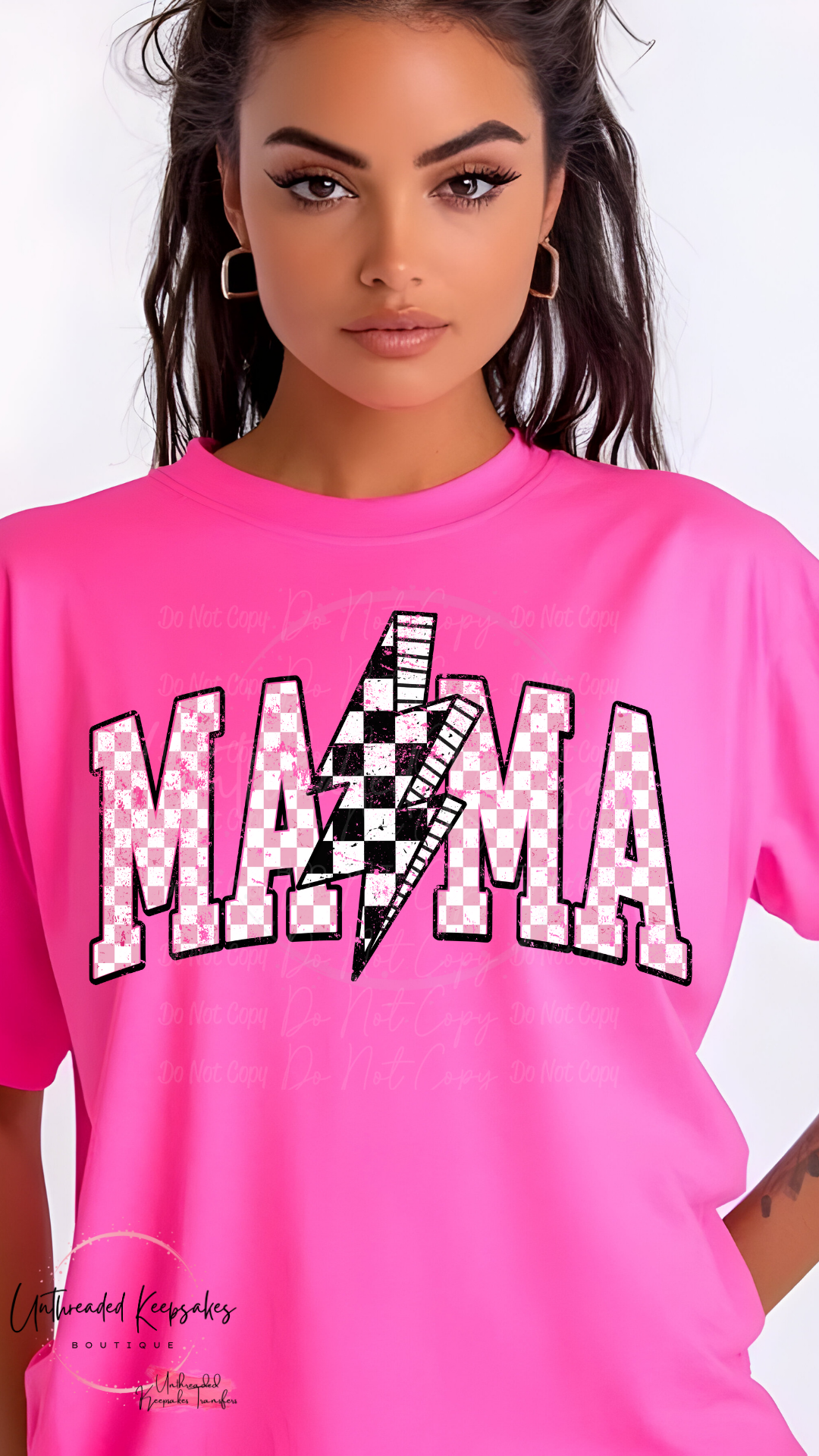 Mama Pink Checkered Bolt Womens Graphic T-shirt