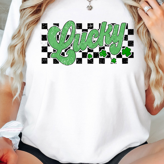 Lucky Checkered St Patrick's Day Cute Womens Graphic T-Shirt