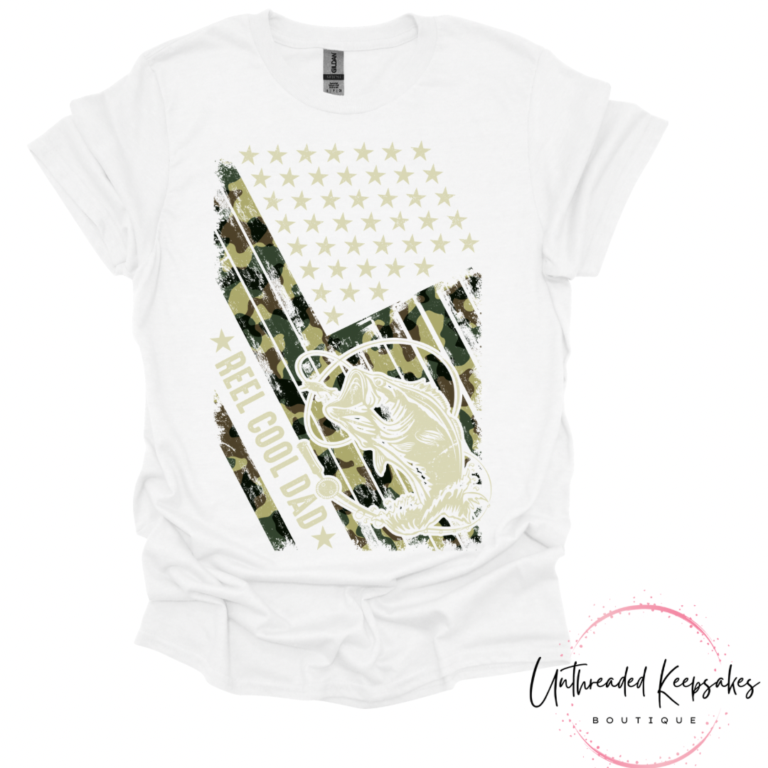 Reel cool dad fishing flag graphic t-shirt