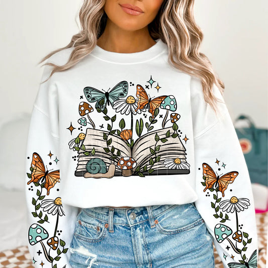 Cottagecore Open Book Butterflies Greenery w/ Sleeves Womens Graphic T-shirt/Crewneck