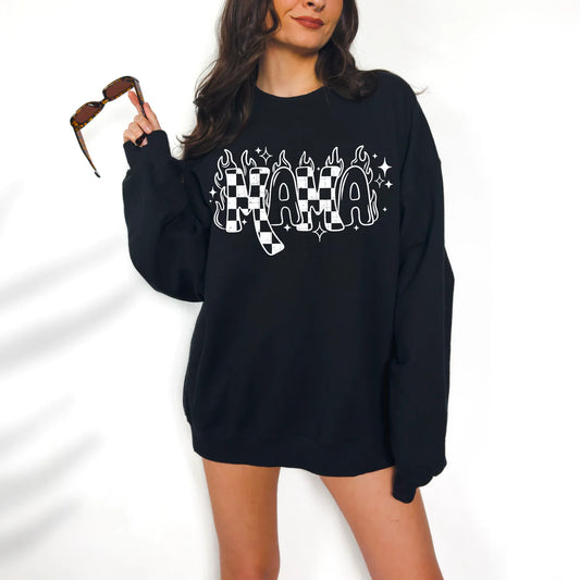 Mama Checkered Flames Cute Women's Graphic Crewneck