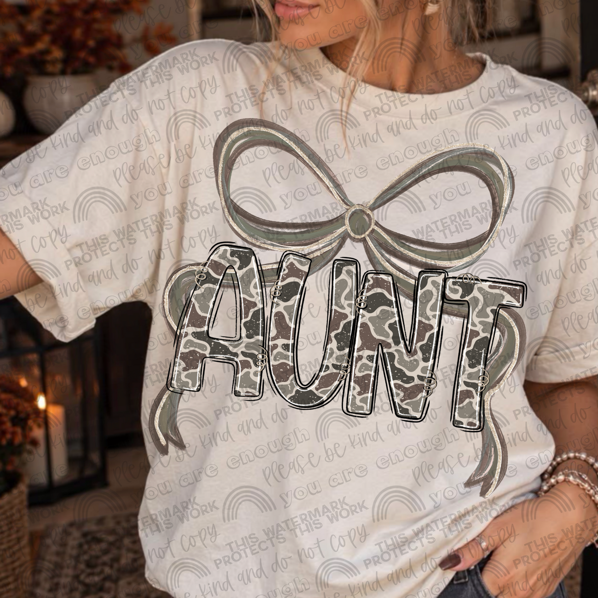Aunt camouflage bow graphic T-shirt mockup