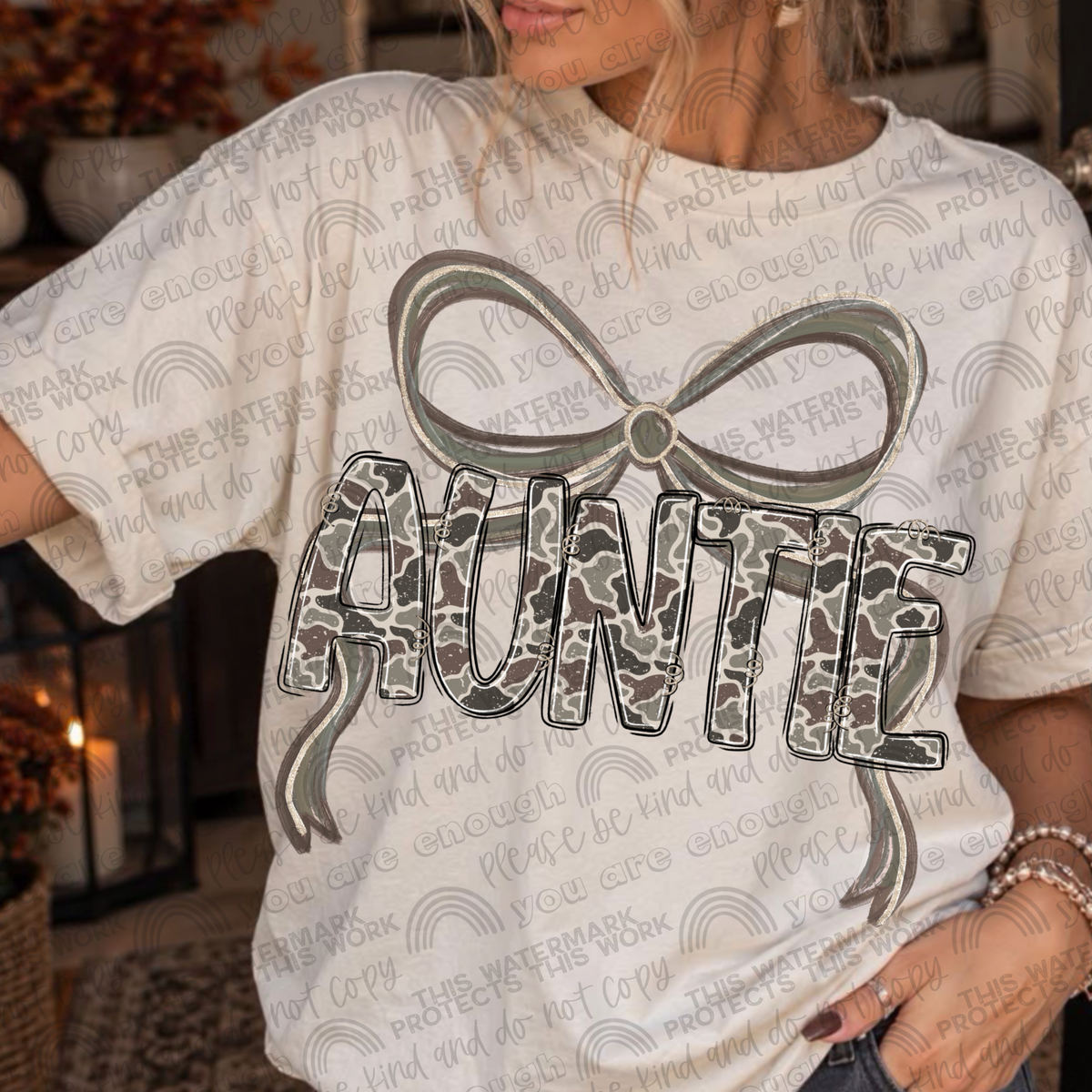 Auntie camouflage bow graphic T-shirt mockup
