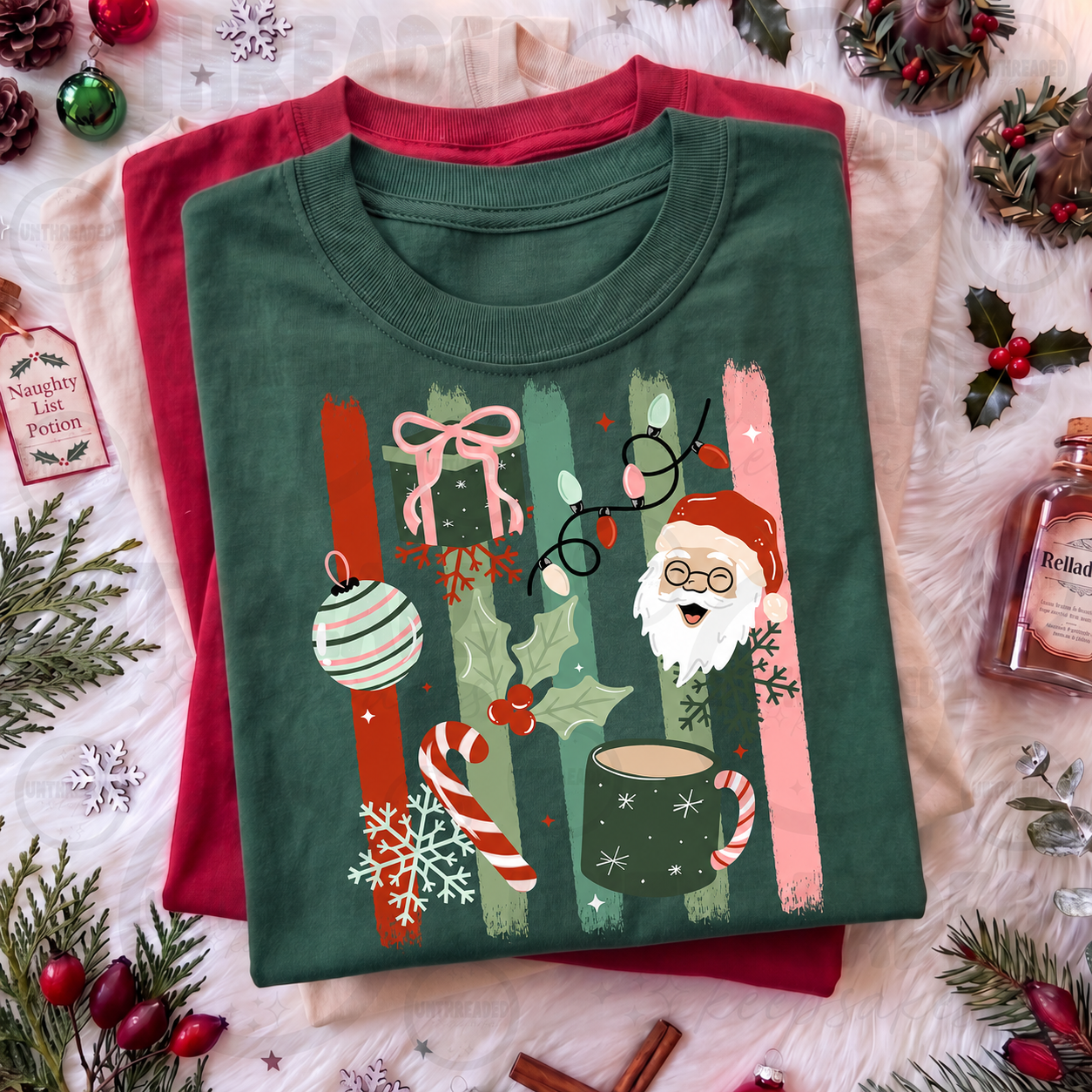 Santa Christmas Graphic T-Shirt – Festive Holiday Lights & Cocoa Tee