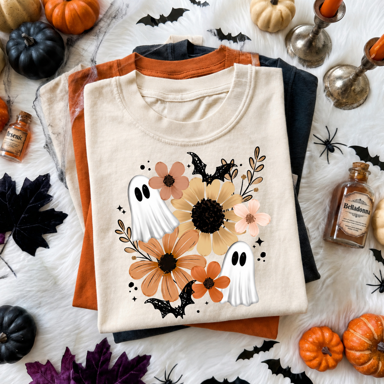 Floral Ghost Halloween Graphic T-Shirt – Cute Spooky Fall Tee