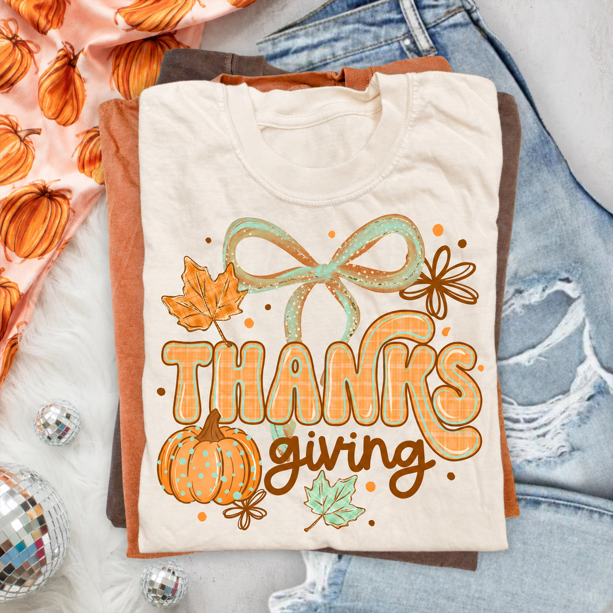 Thanksgiving Bow and Pumpkin Graphic T-Shirt – Cute Fall Tee
