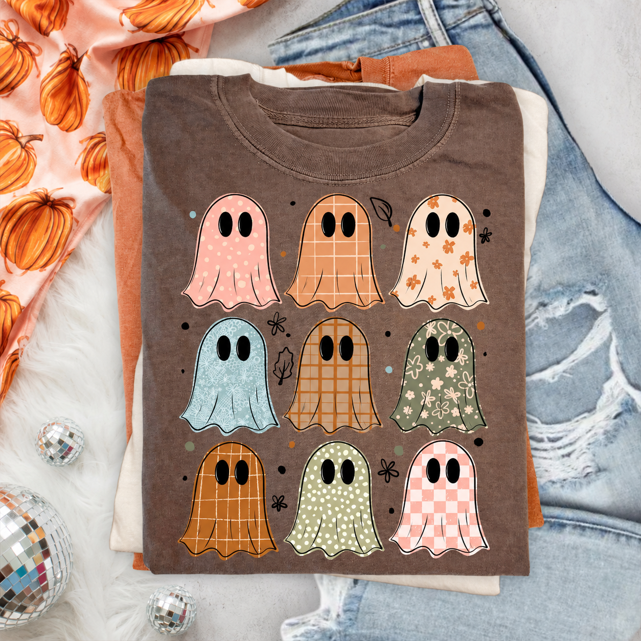 Patterned Ghosts Halloween Graphic Shirt