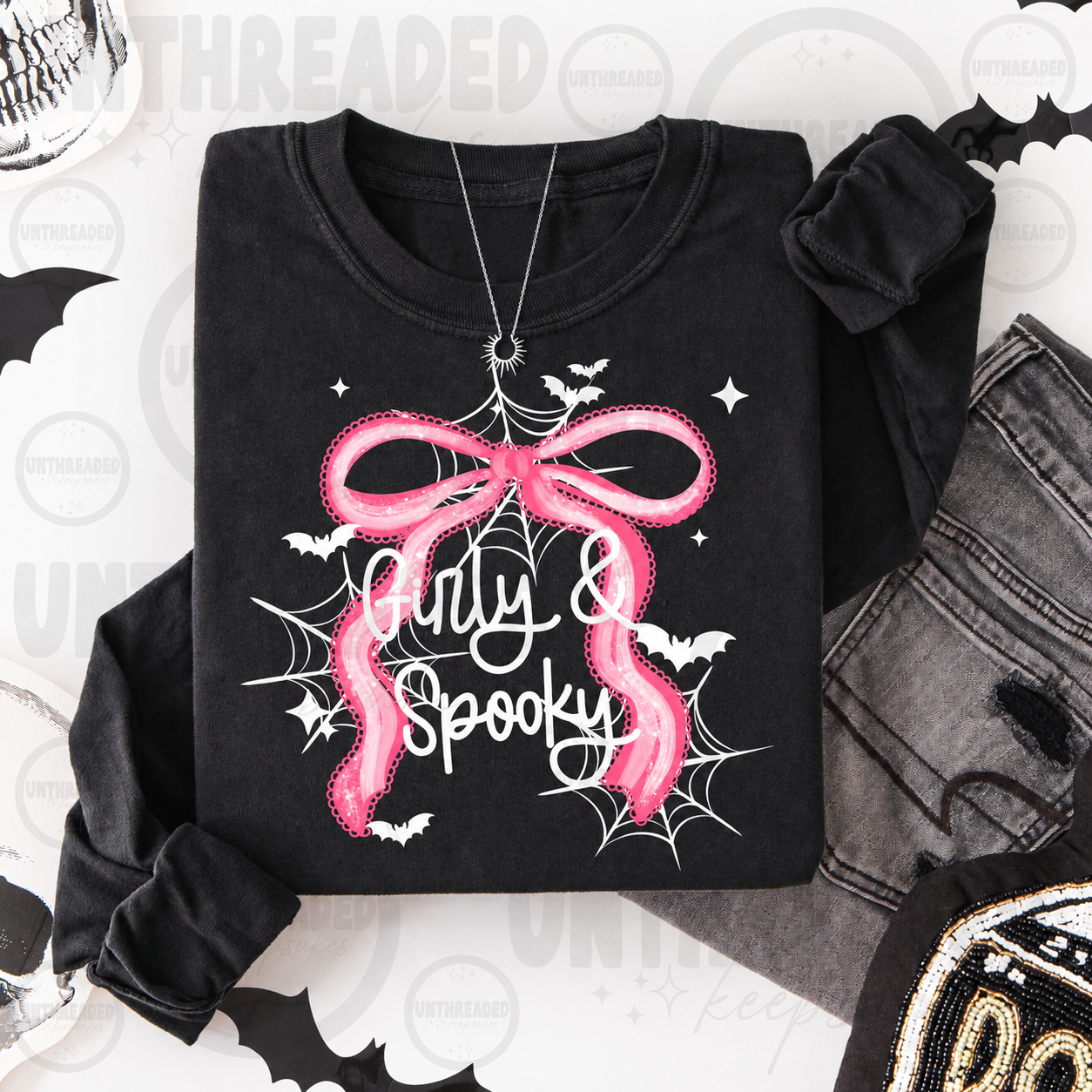 Cute & Spooky Pink Bow Halloween Graphic Shirt