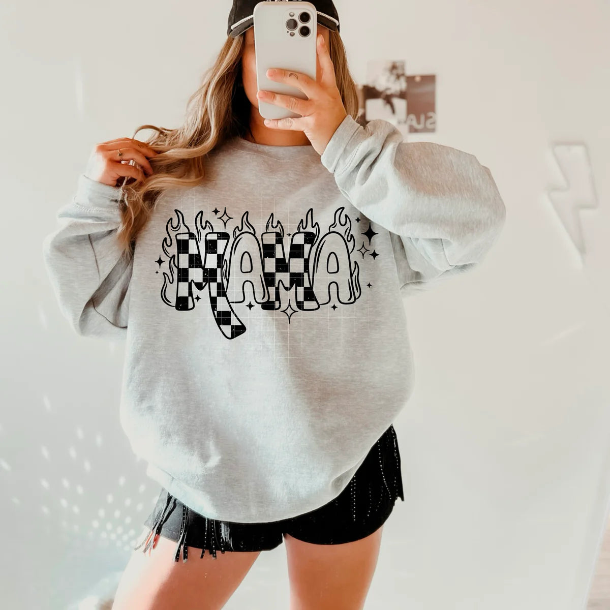 Mama Checkered Flames Cute Women's Graphic Crewneck