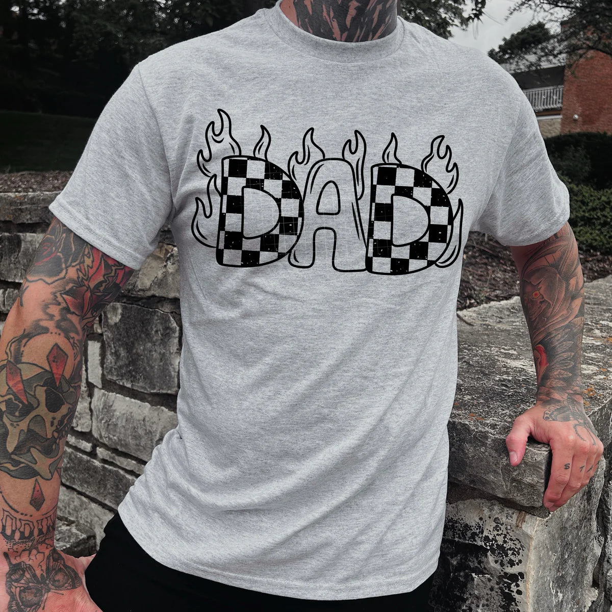 Dad Checkered Flames Mens Graphic T-shirt