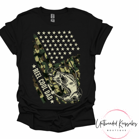 Reel cool dad fishing flag graphic t-shirt