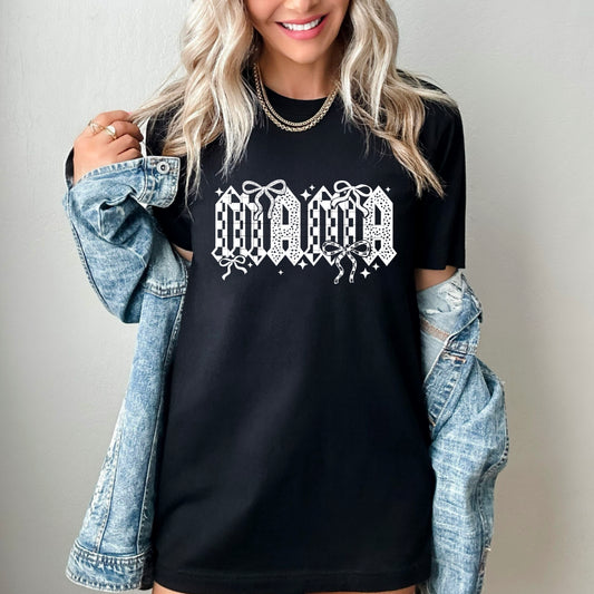 MAMA Graphic T-Shirt – Bold Checkerboard Bow Lettering Tee