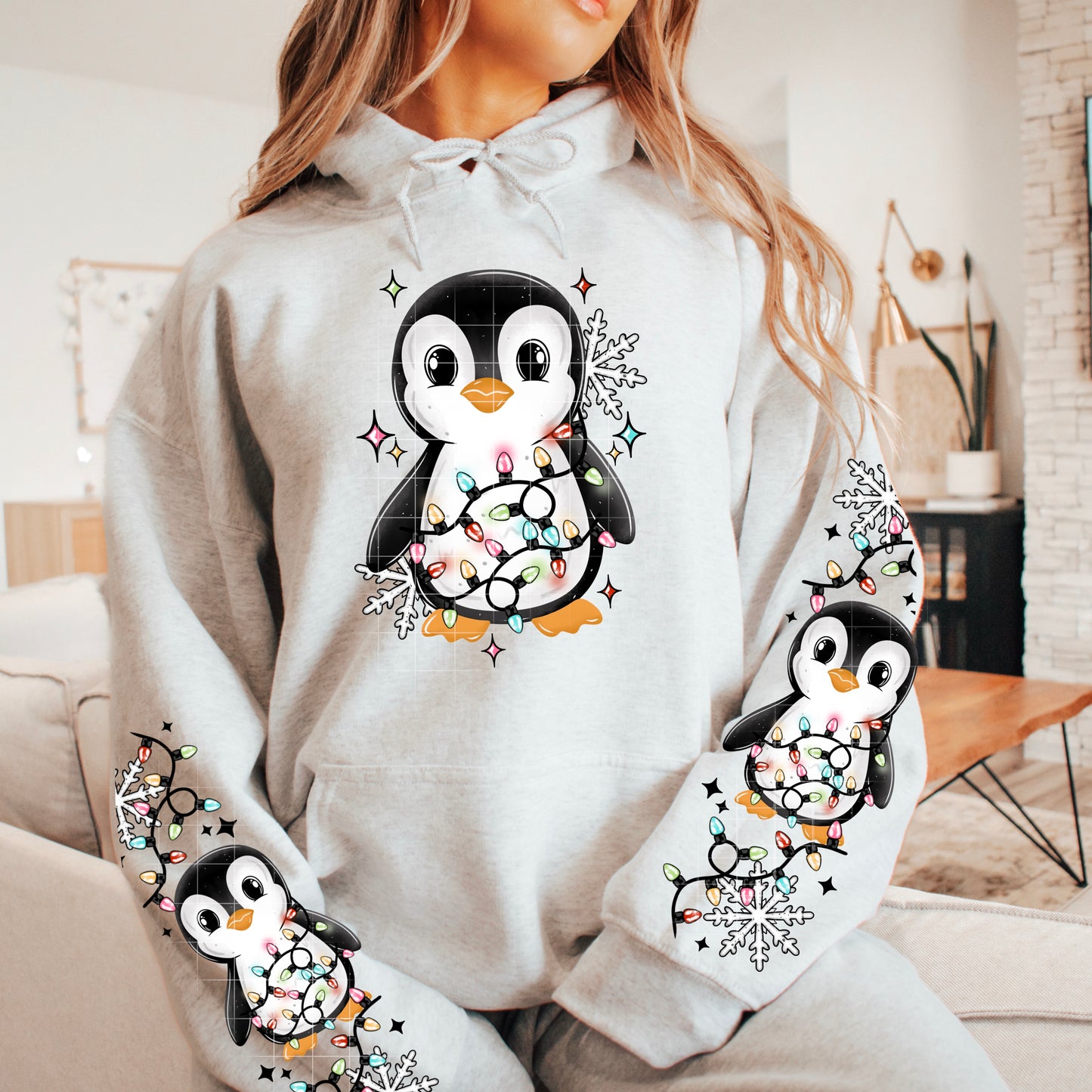 π§π Cute Christmas Penguin Hoodie with adorable Sleeves βοΈ Holiday Lights Sweatshirt
