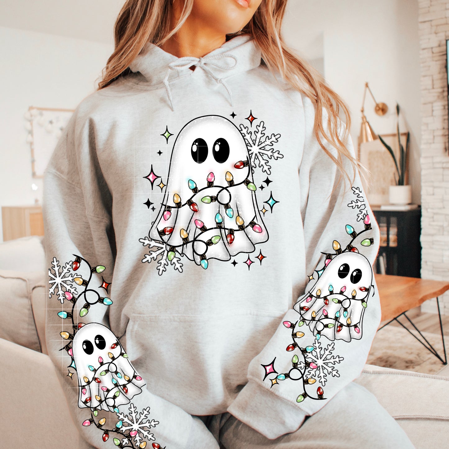 π»π Christmas Ghost Hoodie With Sleeves β¨ Cute Holiday Lights Sweatshirt