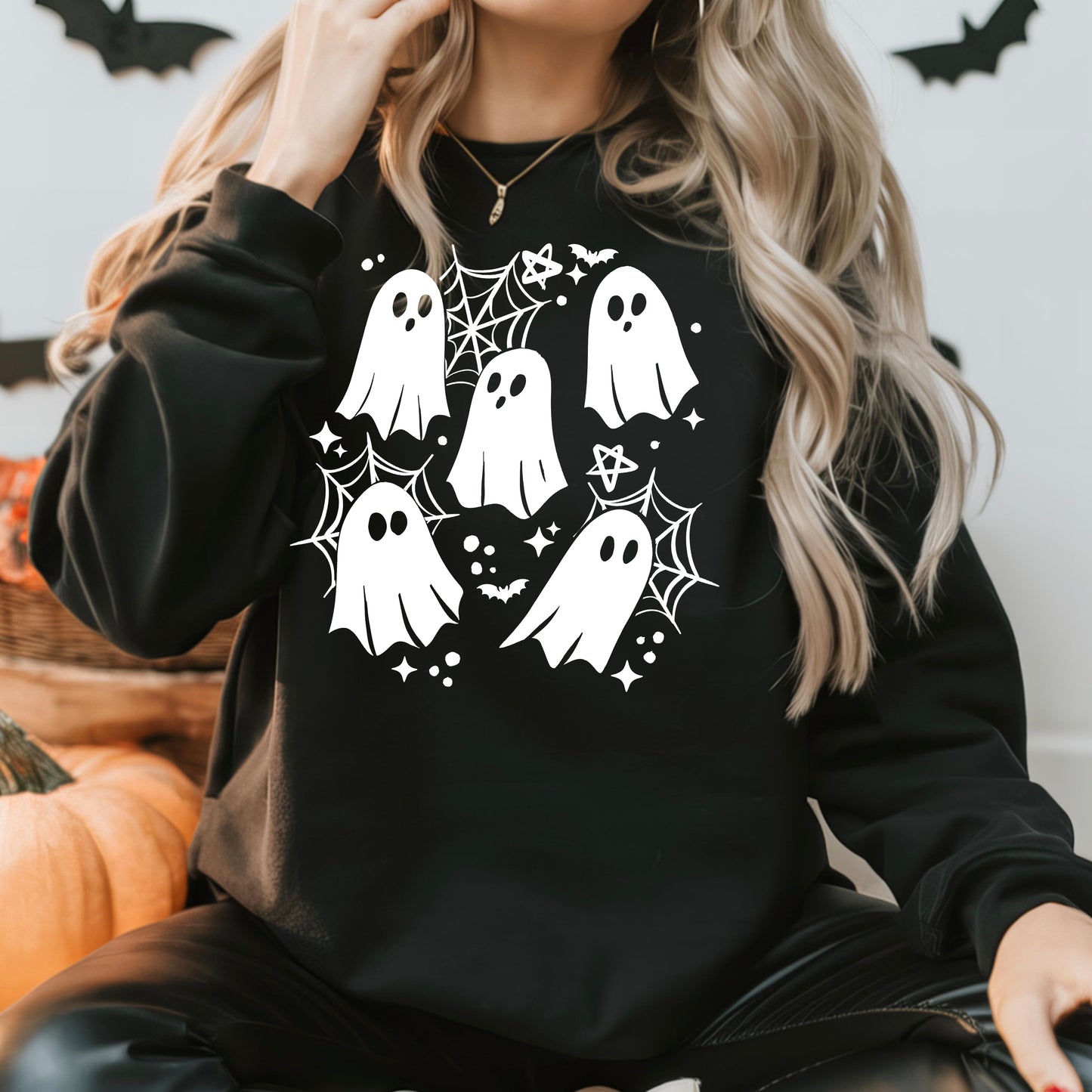 Spooky Ghost Halloween Sweatshirt | Cute Ghosts & Spider Web Graphic Crewneck | Retro Spooky Season Pullover