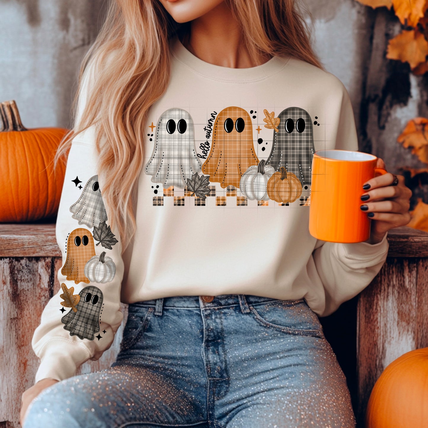 Plaid Ghosts & Pumpkins Sweatshirt – Cozy Spooky Season Fall Pullover