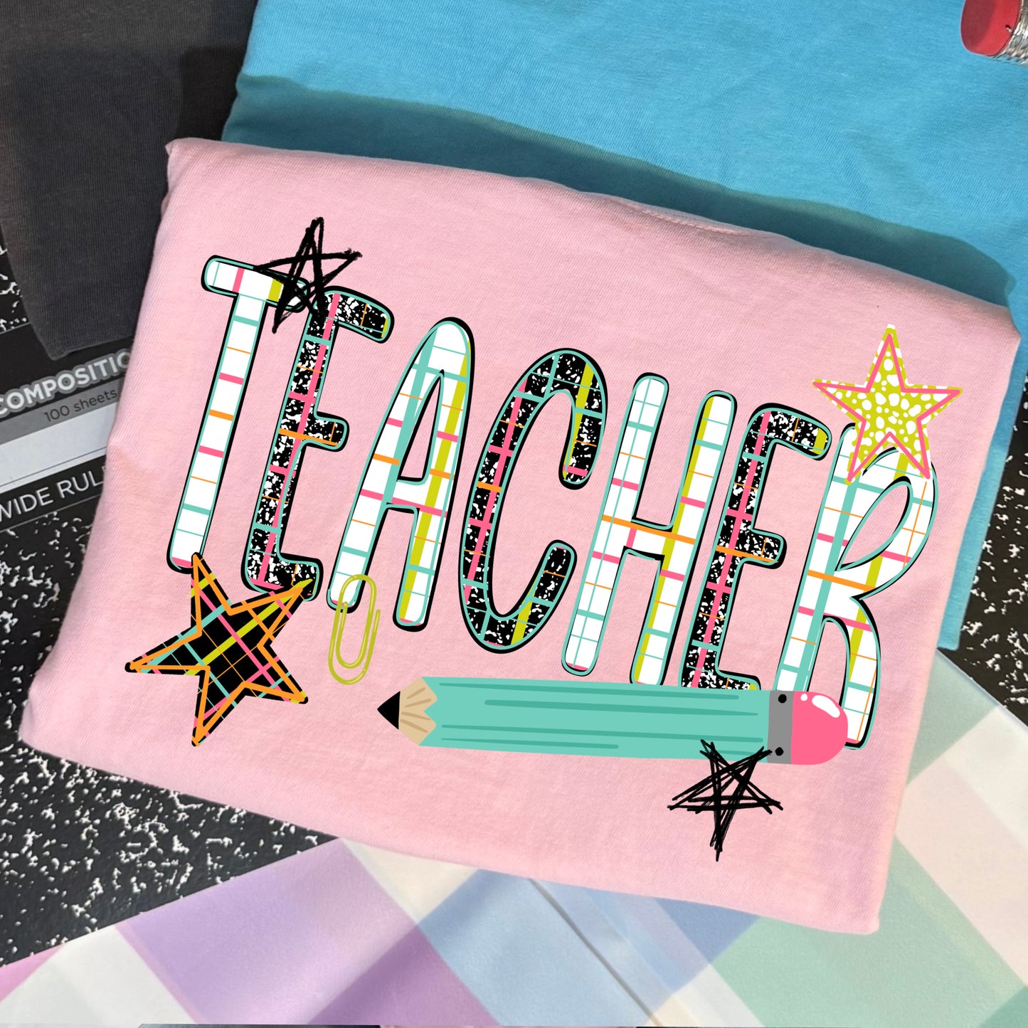 Teacher Plaid Pencil Graphic T-Shirt | Cute Back to School Teacher Shirt | Colorful Teacher Tee | Classroom Gift ✏️📚