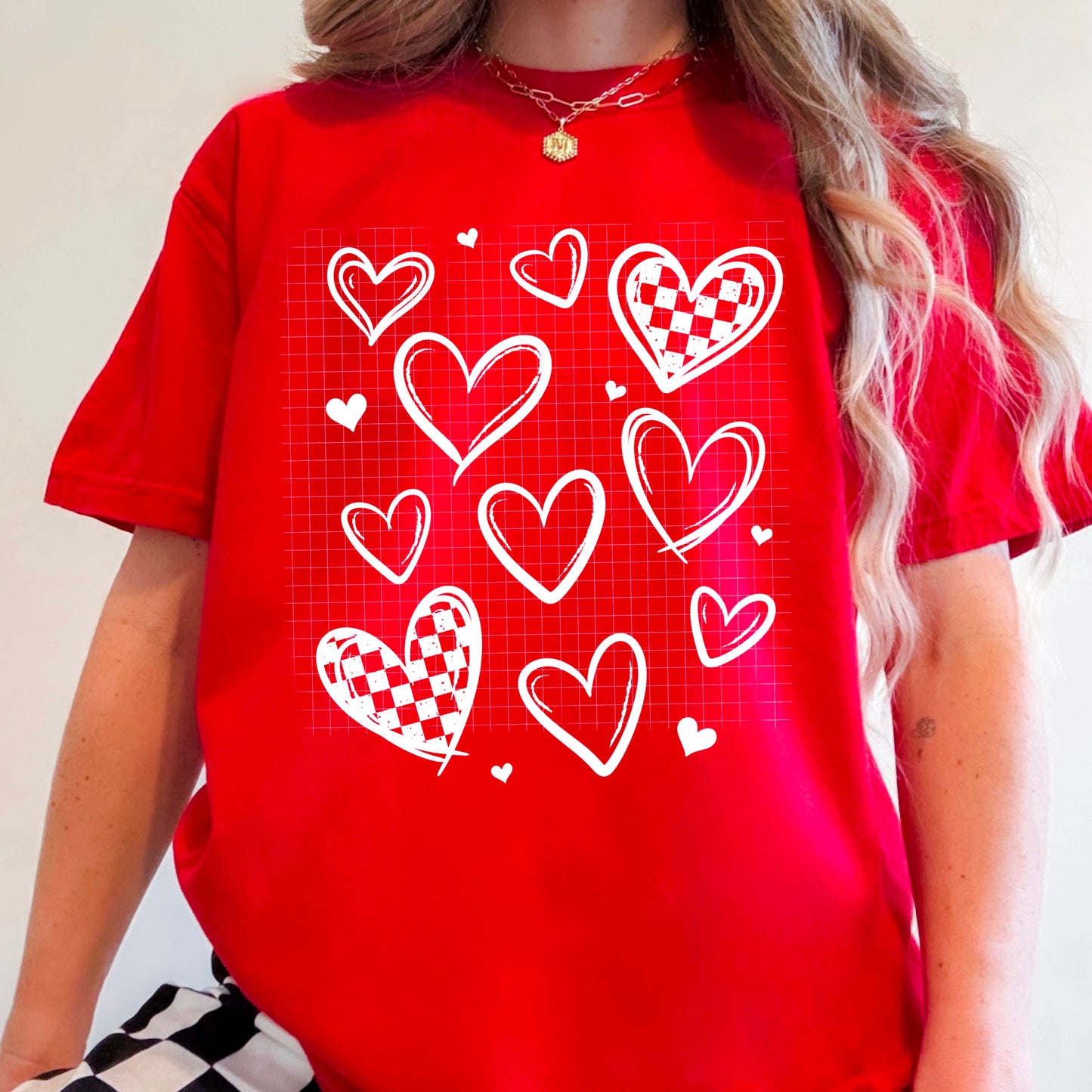 Checkered Hearts Graphic T-Shirt