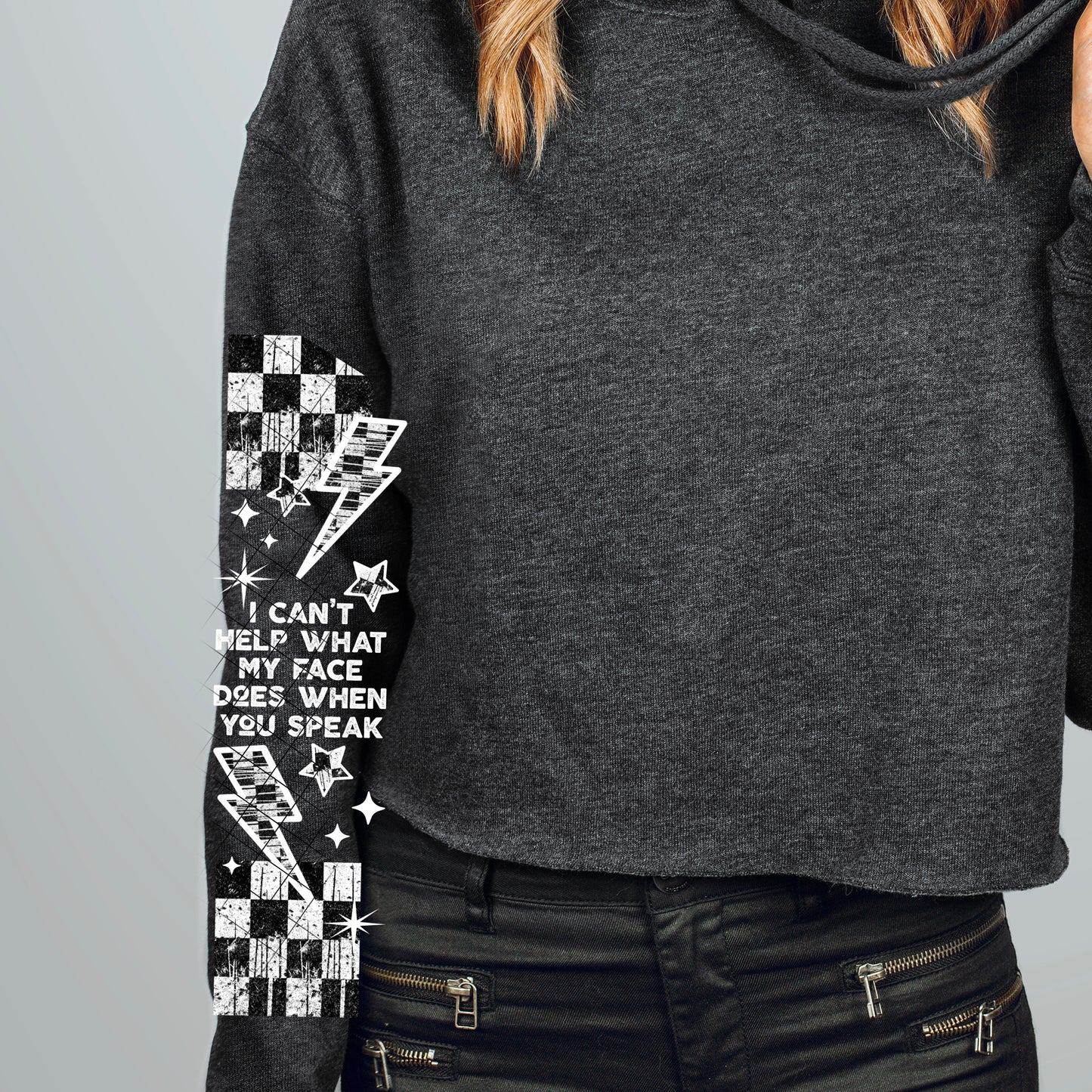 Funny Face Reaction Sleeve Sweatshirt β‘π Checkered Grunge Graphic