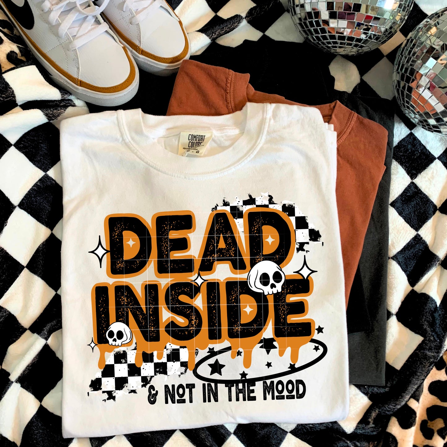 β¨ Dead Inside & Not in the Mood Checkered Skull Tee π€ππ§‘