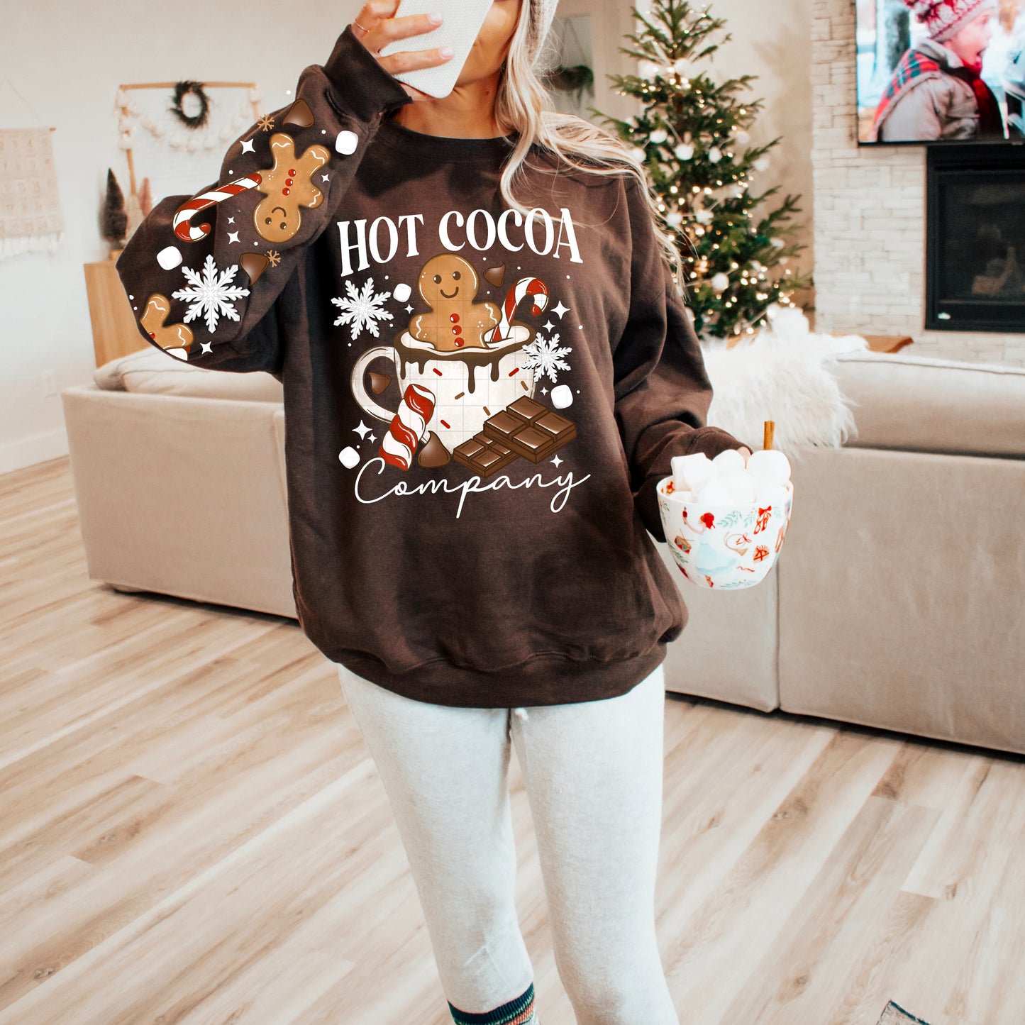 Hot Cocoa Company Sweatshirt • Cozy Gingerbread & Holiday Mug Crewneck with Sleeves ☕❄️🍫