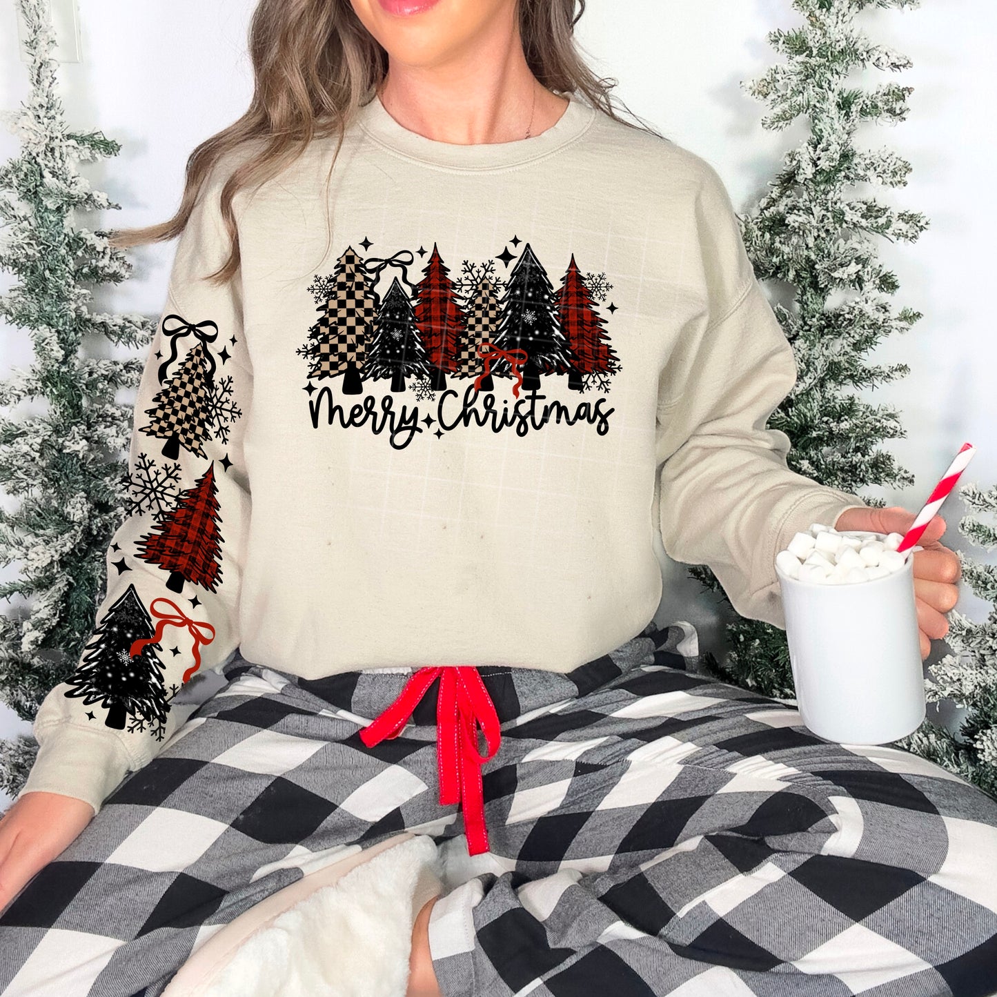 ππ€ Merry Christmas Checkerboard Trees Sweatshirt with cute Sleeves β€οΈβ¨