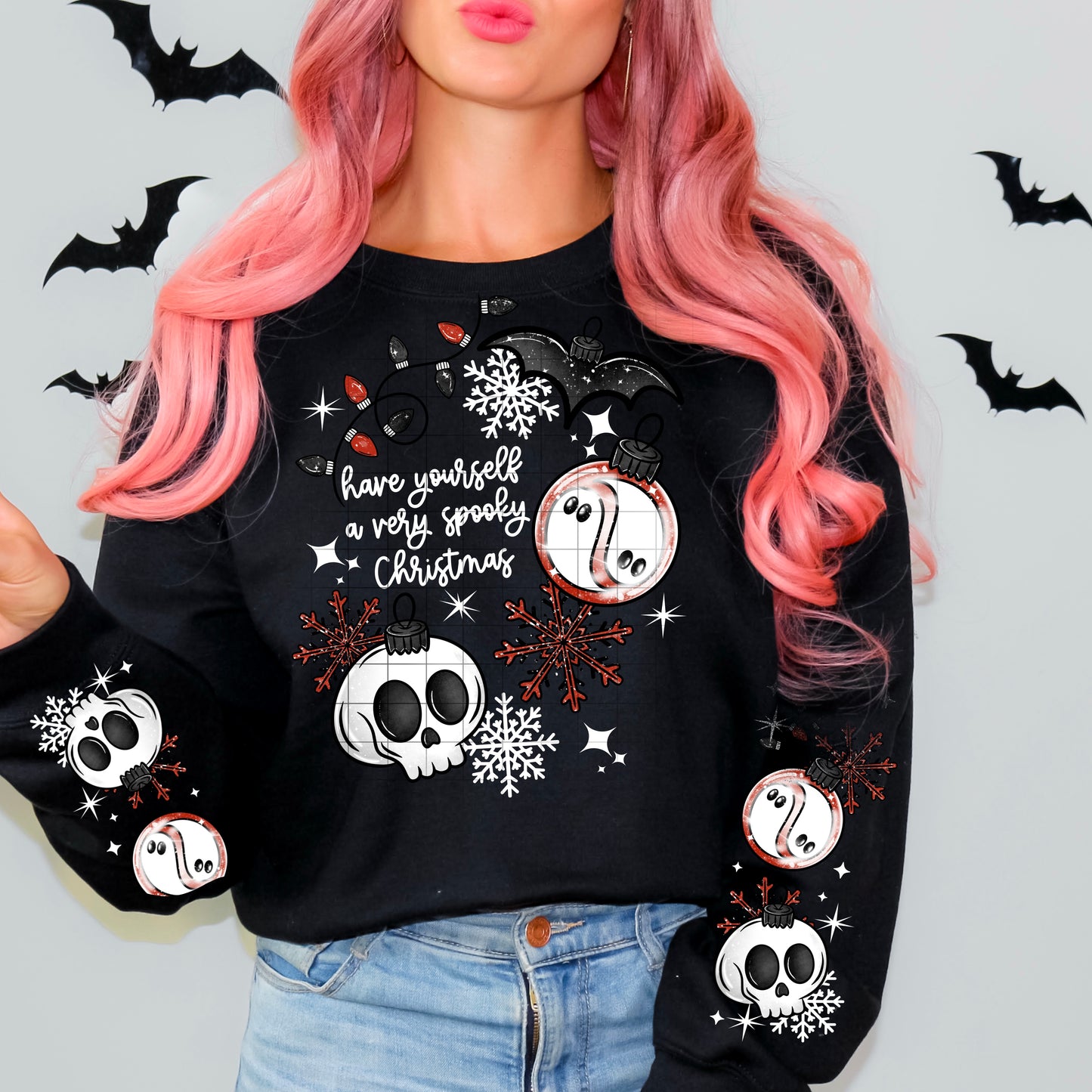 ππ» Spooky Christmas Skull & Ghost Ornament Sweatshirt with adorable Sleeves β¨π
π€