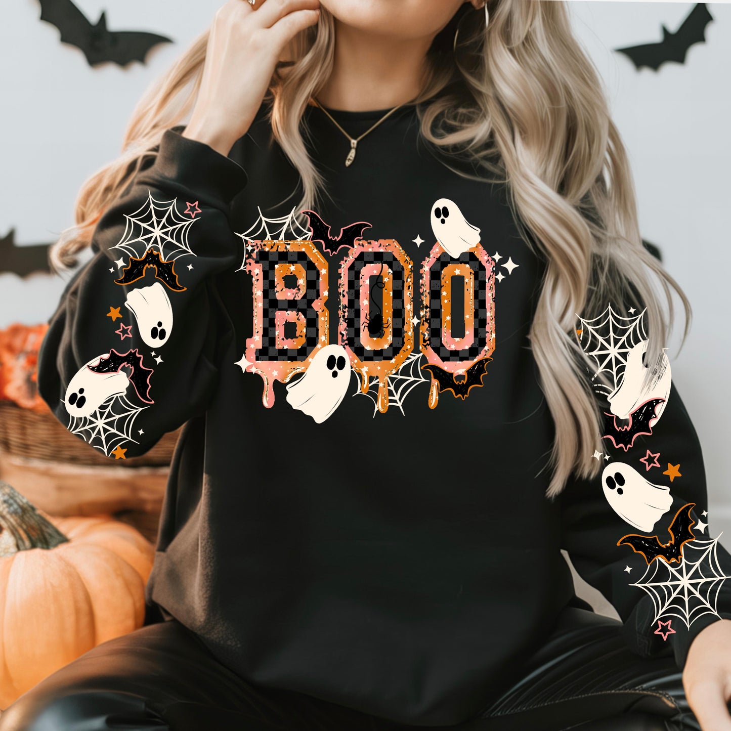 BOO Halloween Sweatshirt | Ghost & Spider Web Crewneck | Cute Ghost Halloween Pullover | Spooky Season Sweatshirt | Bat Sleeve Crewneck | Cozy Fall Sweatshirt | Halloween Ghost Lover Gift 👻🦇🕸️🎃✨