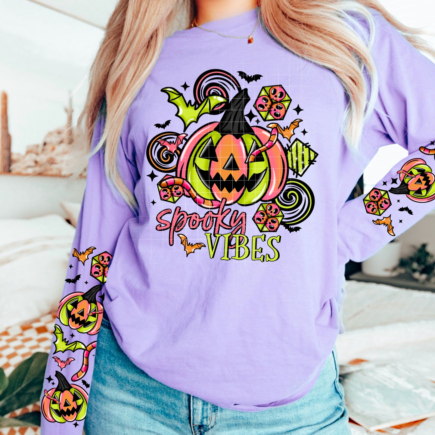 π Spooky Vibes Neon Pumpkin Crewneck with cute Sleeves π»β¨