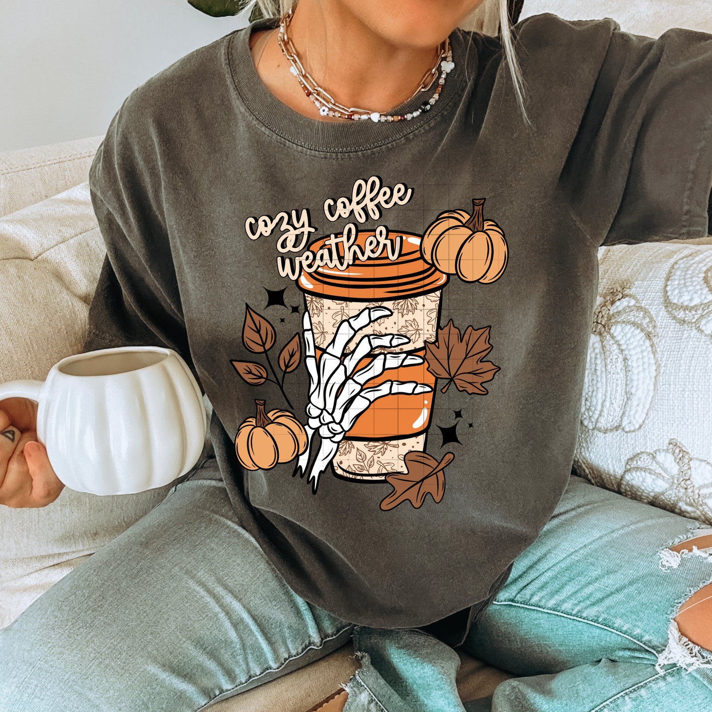π Cozy Coffee Weather Skeleton Hand Sweatshirt βπ»β¨