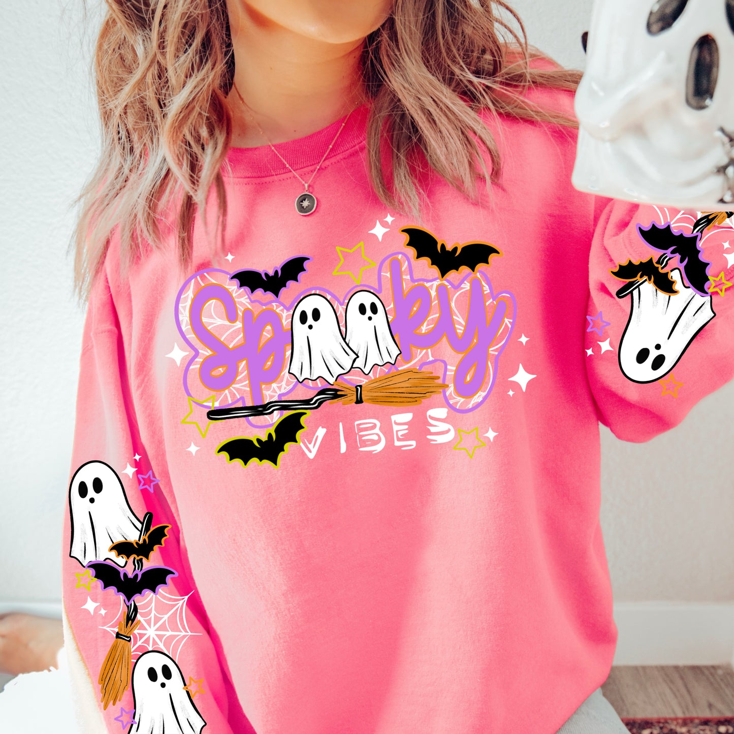 Spooky Vibes Halloween Sweatshirt | Ghost & Broom Crewneck | Cute Ghost Halloween Pullover | Bat Sleeve Sweatshirt | Spooky Season Crewneck | Cozy Fall Halloween Sweatshirt | Ghost Lover Gift 👻🦇🧹🕸️🎃✨