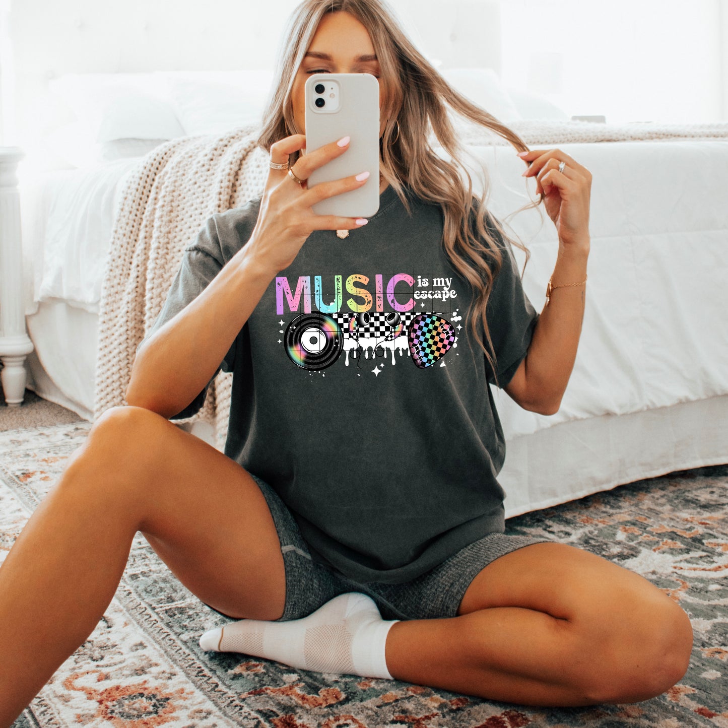 🎶 Music Is My Escape Tee — Retro Aesthetic Checkered Drip T-Shirt ✨