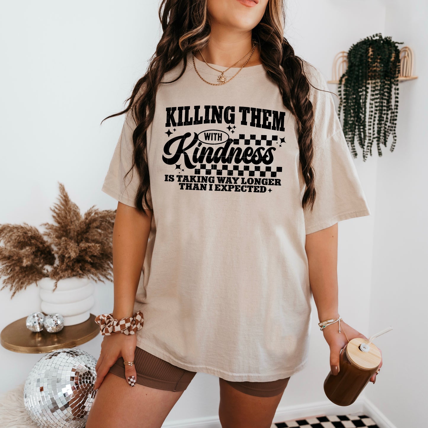 Killing Them With Kindness Tee ✨ Funny Graphic Vintage Checkered Shirt