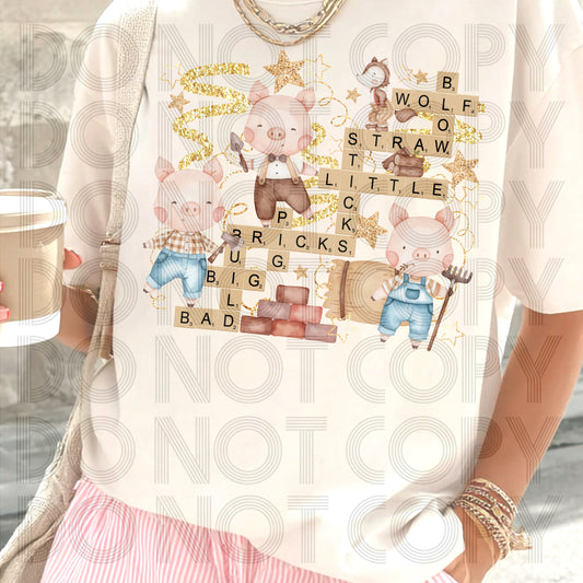 Three Little Pigs Scrabble Collage Tee | Storybook Graphic Shirt