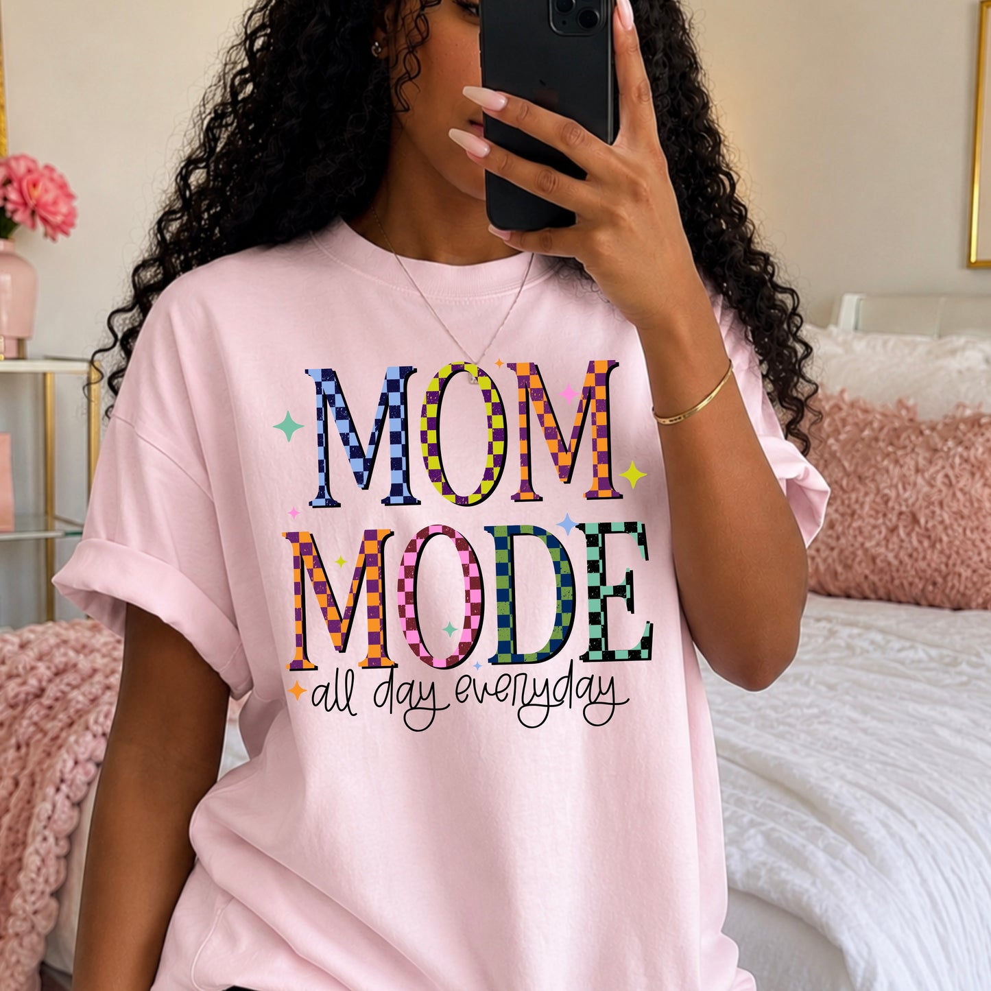 Mom Mode All Day Everyday Shirt | Trendy Mom Graphic Tee | Colorful Checkered Mama Shirt | Cute Mother's Day Gift | Soft Unisex T-Shirt