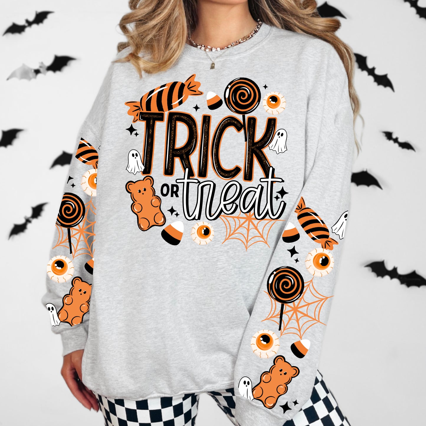 🍬 Trick or Treat Halloween Sweatshirt | Candy Sleeve Graphic Crewneck | Cute Spooky Fall Pullover | Ghost & Candy Halloween Sweater